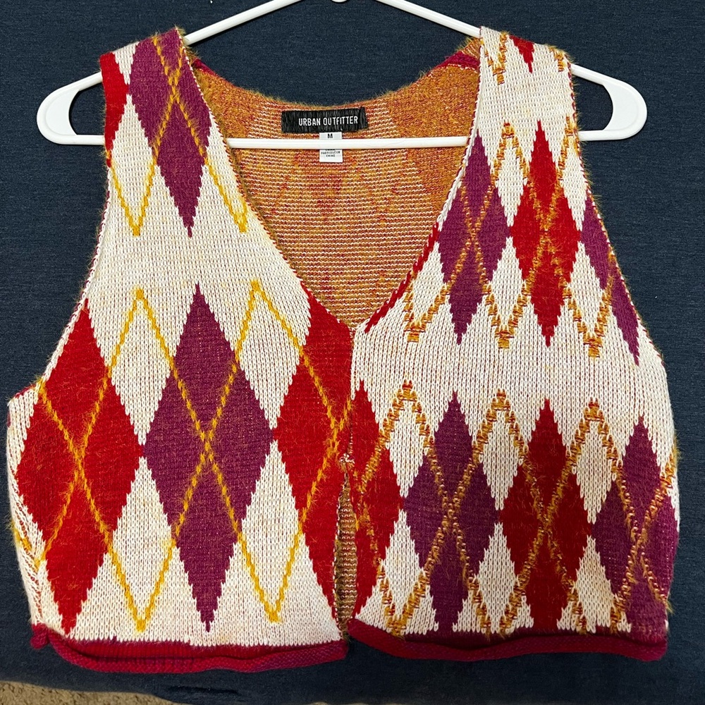 Urban Outfitters Argyle Knit Vest - Red, Purple, and Gold
